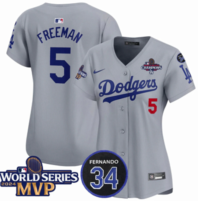 Women's Los Angeles Dodgers #5 Freddie Freeman Grey 2024 World Series MVP & Fernando Memorial Patch Limited Stitched Baseball Jersey(Run Small) Women's Los Angeles Dodgers #5 Freddie Freeman Grey 2024 World Series MVP & Fernando Memorial Patch Limited Stitched Baseball Jersey(Run Small)